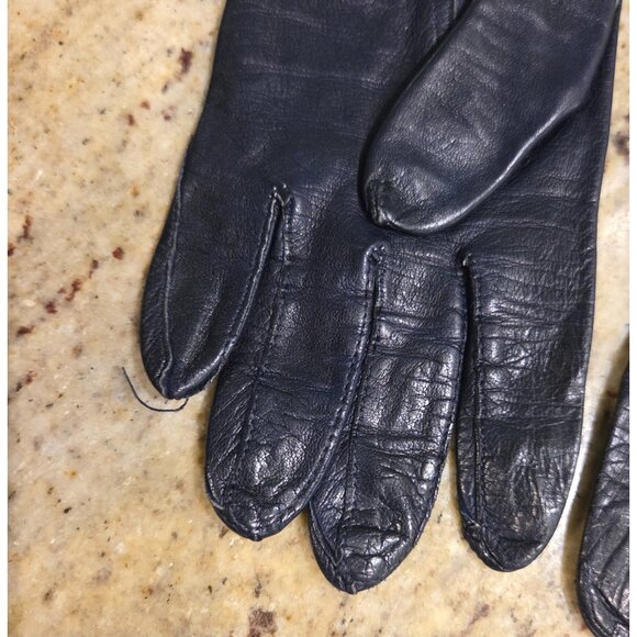 Vintage Womens Size S Blue Leather Formal 7" Short Gloves Pearly Button - Picture 6 of 14